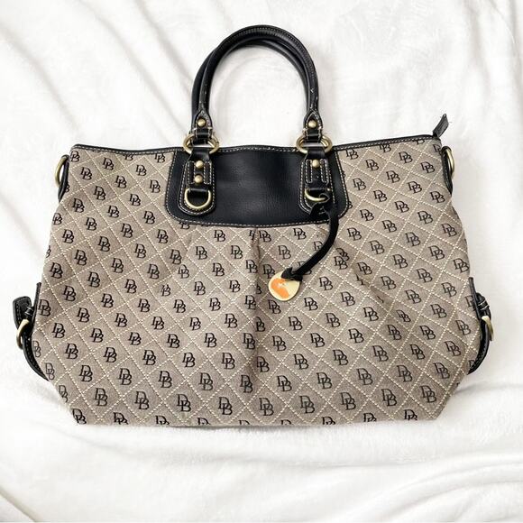 Dooney & Bourke tan logo brown large satchel zippers inner pockets - Picture 1 of 12